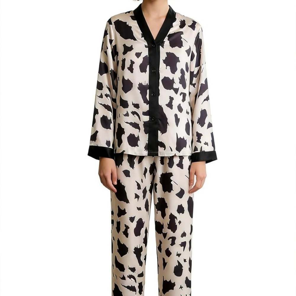 Cow Print Satin Pajama Set - Black & Cream